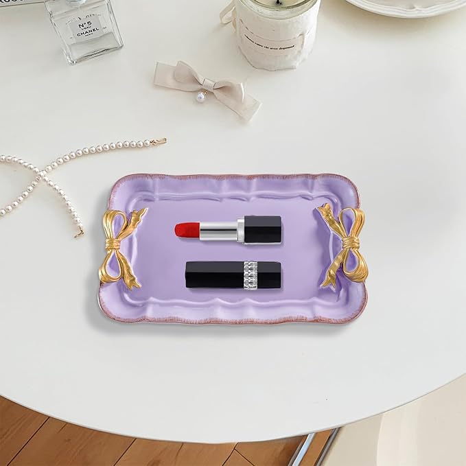 Vintage Decorative Tray Jewelry Tray Towel Tray Storage Tray Rings Necklace Bracelets Earrings Trays Cosmetics Jewelry Organizer Retro Design Bow Decor Resin Plate Coquette Room Decor (Purple)