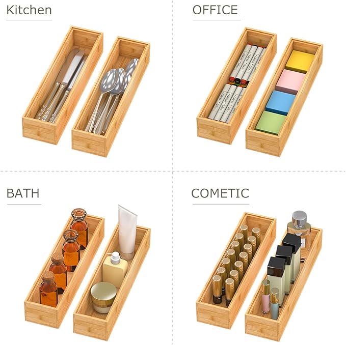Bamboo Drawer Organizer Storage Box Kitchen - Wood Stackable Tray Set of 2 (12x3x2 inch)