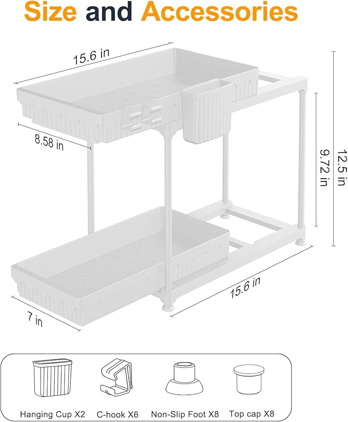2 Pack Double Sliding Under Sink Organizers and Storage, 2 Tier Under Bathroom Cabinet Shelf Organizer with Hooks Hanging Cup, Home Organization, White