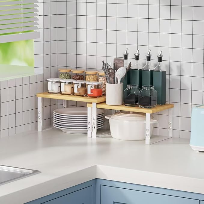 Cabinet Organizer Shelf, Spice Rack, Adjustable height, Stackable and Nesting Shelves,Metal and solid wood, For multiple scenarios in the kitchen, office or closet (White)