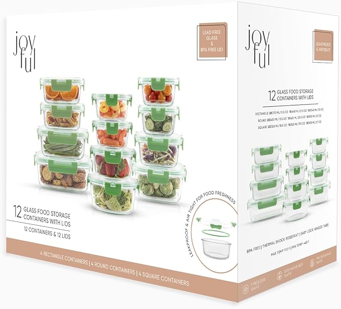 JoyJolt JoyFul 24pc Borosilicate Glass Storage Containers with Lids. 12 Airtight, Freezer Safe Food Storage Containers, Pantry Kitchen Storage Containers, Glass Meal Prep Container for Lunch