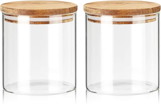 Labina Glass Storage Container Airtight Food Jars Kitchen Canister with Wood Lids, 20 Oz Wide Mouth Pantry Organization Glass Jar for Flour, Sugar, Cookie, Spagetti, Candy and Nuts (2 Pack)