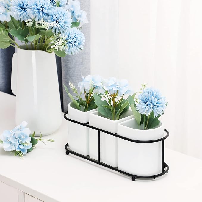 3 Piece Porcelain Flatware Holder Caddy with Metal Rack, Utensil Holder Caddy For Spoons, Knives and Forks Cutlery Organizer