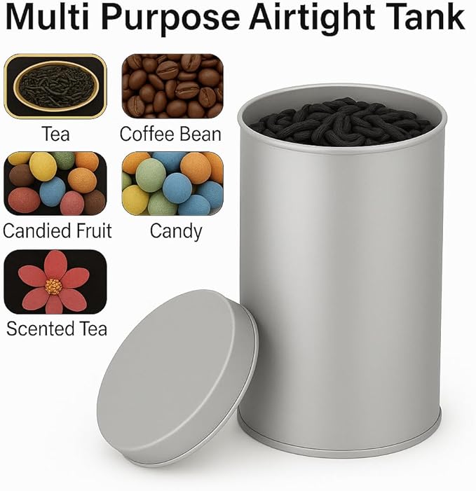 6 Pack Tea Tin Canister with Airtight Double Lids, 12 Fluid Oz Round Metal Canisters – Small Kitchen Storage Containers for Tea, Coffee, Candy, Sugar, Spices (Silver)