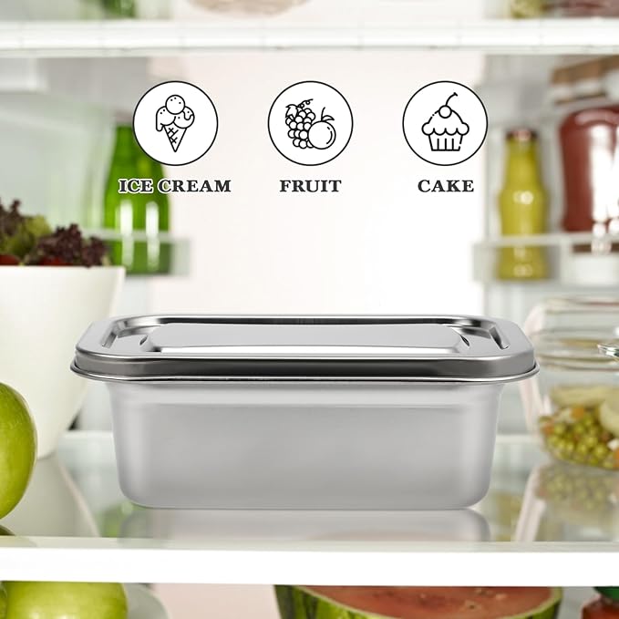 DOITOOL Reusable Ice Cream Storage Containers for Freezer with Lids Stainless Steel Freezer Box Insulated Ice Cream Tub Fridge Organizer Box for Refrigerator, 20 X 13 X 8CM
