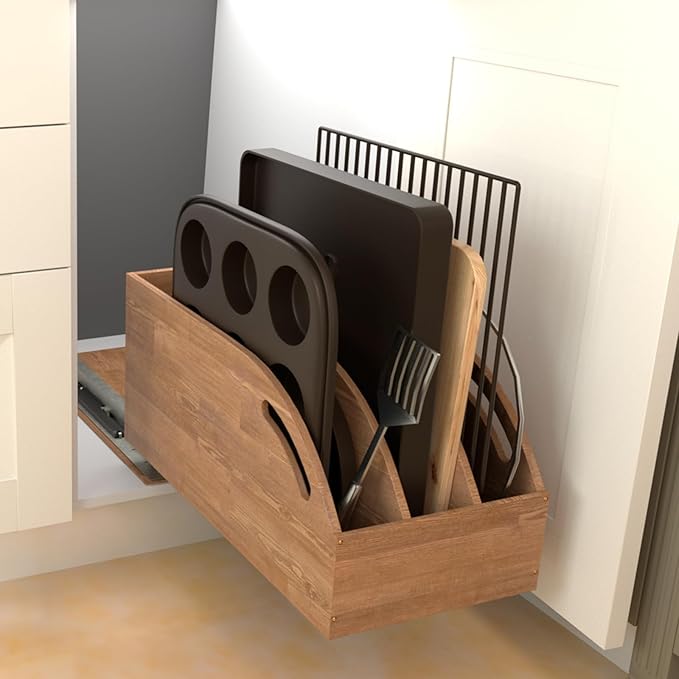 DINDON Pull Out Cabinet Organizer for Pans, Pot lid, Cookie Sheet, Cutting Board, Baking Tray, Slide Out Kitchen Cabinet Storage Organizer, 10.5''W X 21"D X 10.6"H, Wood