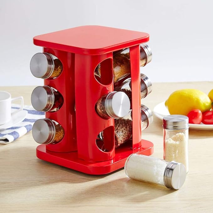 TINMIX Revolving Spice Rack Organizer with 12 Jars, Countertop Spice Seasoning Rack Tower with 12 Glass Jar Bottles Refillable for Kitchen Cabinet, Stainless Steel, Red