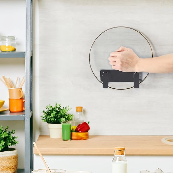 Pot Lid Rack, Wall Mounted 304 Stainless Steel Pan Lid Organizer Holder, Self Adhesive, Kitchen Cooking Utensil Tool (Black, Set of 2)