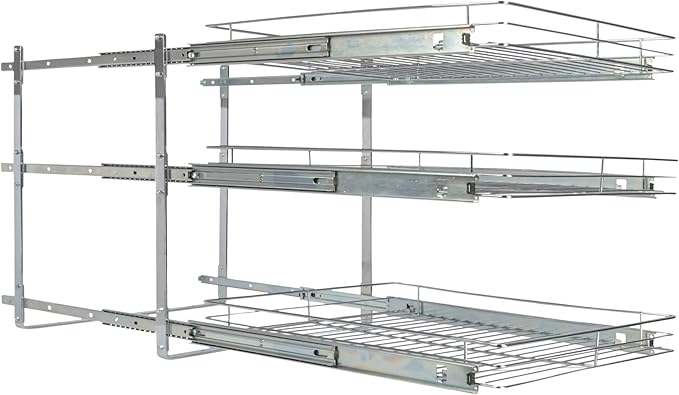 Household Essentials Glidez Multipurpose Chrome-Plated Steel Pull-Out/Slide-Out Triple-Sliding Storage Organizer for Cookware and Bakeware - 3-Tier Design - Fits Standard Size Cabinet or Shelf, Chrome