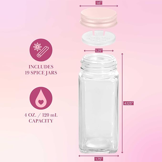 Paris Hilton Glass Spice Jar Storage Set, 4-Ounce Empty Spice Jars with Labels, Shaker Caps and Metal Lids, Collapsible Funnel Included, 20-Piece, Pink (Pack of 2)