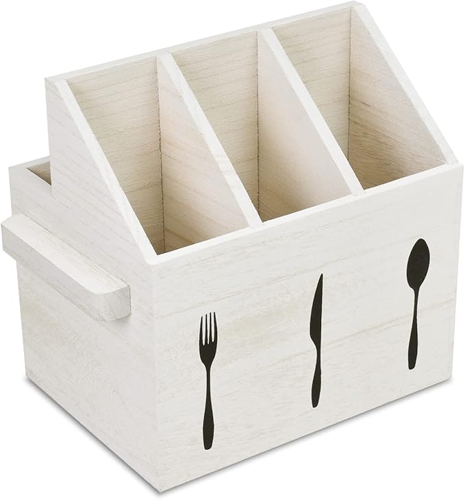 Ikee Design Wooden Utensil Caddy with Handles, Silverware Caddy , Silverware Holder for Countertop ,Party ,Camping and Kitchen, Silverware Organizer, Picnic Cutlery Holders , White Color