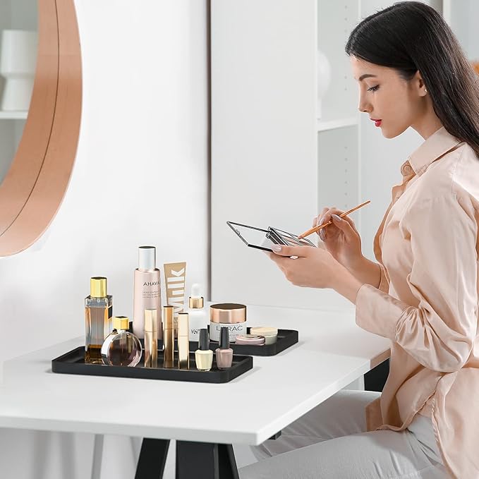Weenson Bathroom Vanity Trays for Countertop Toiletries Decor Candle Perfume Makeup, Kitchen Tray for Soap Dispenser Spice Salt Oil, Black Tray for Toilet Tank Nightstand Coffee Set of 2
