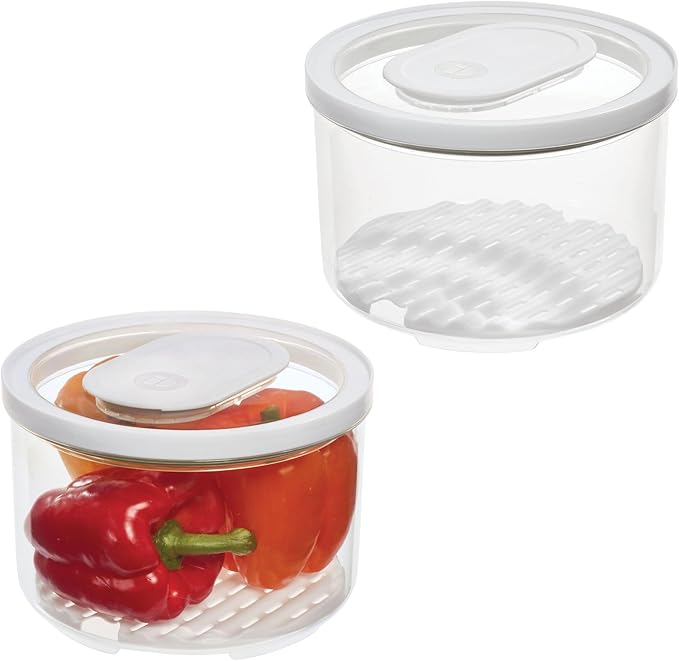 iDesign Round Fridge Produce Bin with Removable Drainage Tray and Lid - Set of 4 - Clear
