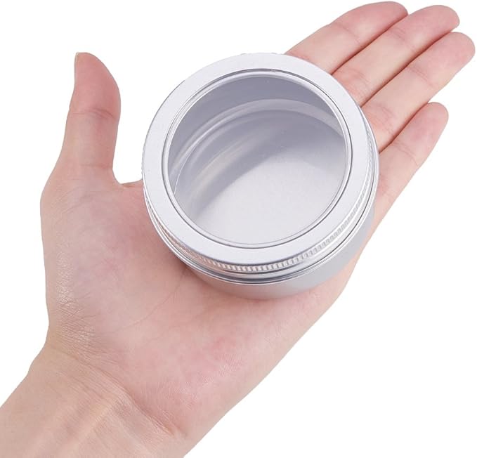 BENECREAT 12 Pack 2.7 OZ Tin Cans Screw Top Round Aluminum Cans Screw Lid Containers with Clear Window - Great for Store Spices, Candies, Tea or Gift Giving (Platinum)