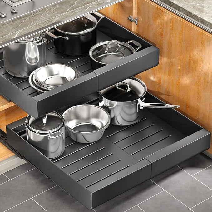 Pots and Pans Organizer Under Cabinet, Expandable(11.7"-19.7") Pull out Cabinet Organizer, Heavy Duty Adjustable Rack Inside Cabinet Fixed with Adhesive Film, Roll out Shelf Storage for Kitchen Pantry