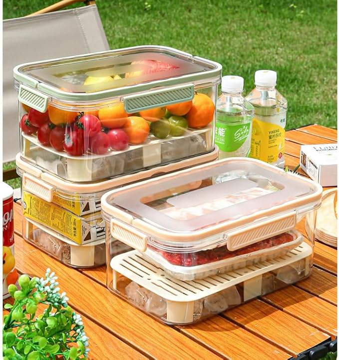 Ice Chilled Snackle Box Container with Ice Pack for Veggie Serving Fruit Tray with Lid Ice Holder Bin with Handle for Party Outdoor Camping Picnic Fridge Storage(Coffee)