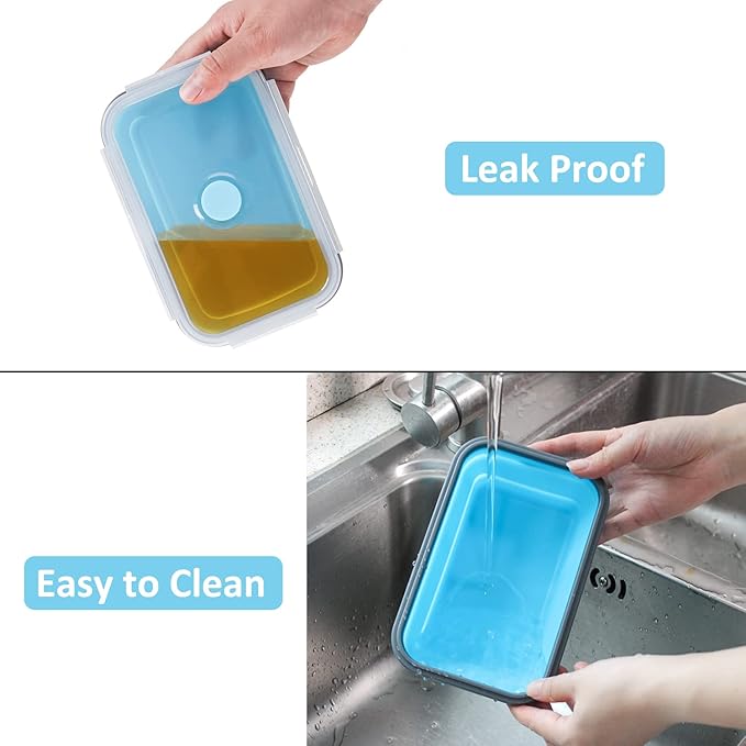 Collapsible Food Storage Containers with Airtight Lid & Vent Valve, 27 oz, Kitchen Stacking Silicone Collapsible Meal Prep Container Set for Leftover, Microwave Freezer Safe, Blue, Set of 4