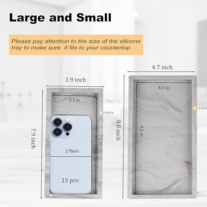 Bathroom Tray, Small Vanity Tray Silicone Soap Dish Sponge Holder Kitchen Sink Organizer Bathroom Accessories for Countertop, Toilet, Shower, 2 Pack, Marble Grey