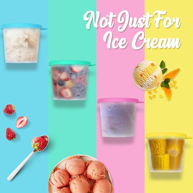 SOPHICO Ice Cream Pint Containers with Silicone Lids, Freezer Food Storage Tubs for Homemade IceCream, Meal Prep, Yogurt and Soup, Airtight & Dishwasher Safe (MEDIUM, 4 Pack)