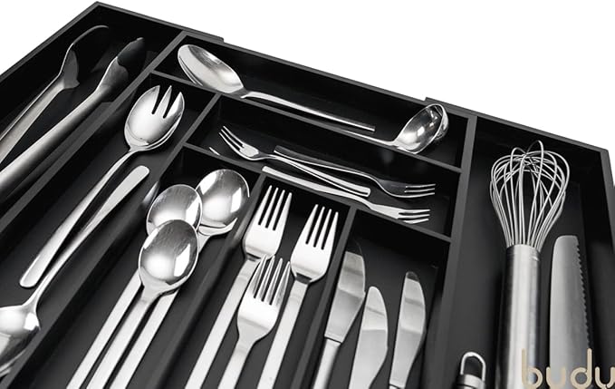 budu Silverware Drawer Organizer #16.9" Depth – Black - Utensil Holder, Kitchen Drawer Organizers for Flatware, Cutlery – Perfect Utensil Organizer for Silverware & Other Kitchen Organization Tools