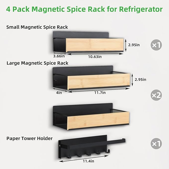 OTraki 4 Pack Strong Magnetic Spice Rack for Refrigerator Wood & Metal Magnetic Shelf for Fridge Spice Storage Rack Kitchen Cabinet Organizers Seasoning Storage Paper Towel Holder with 5-Hook Rack