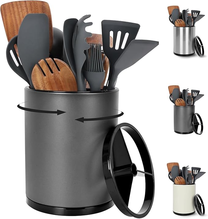 Extra Large Kitchen Utensil Holder - 360° Rotating Stainless Steel Cooking Utensil Holder for Countertop, 3 Compartment Flatware Organizer & Utensil Caddy with Removable Base(Grey)