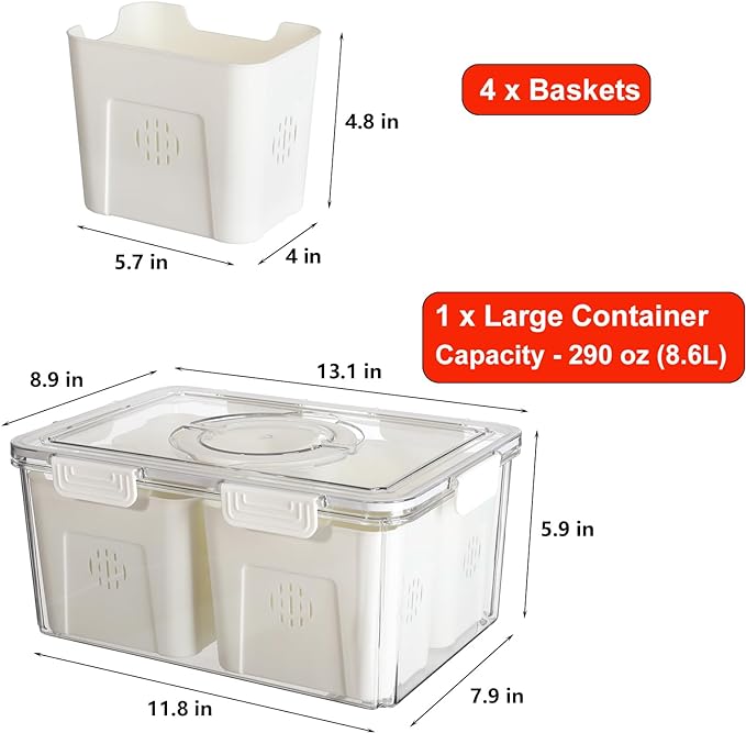 Taiuloo Airtight Fruit Storage Containers for Fridge with Lids & Handle, BPA-Free Food Storage Container with 4 Removable Colanders, Berry Vegetable Fresh Produce Saver, Refrigerator Organizer Bins