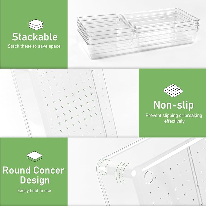 6 PCS Large Size Clear Plastic Drawer Organizer Tray, 12'' Acrylic Vanity Bathroom Drawer Organizers Trays, Desk Drawer Organizer Bins for Cosmetic, Makeup, Kitchen, Office Drawer Divider Organization