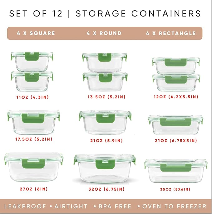 JoyJolt JoyFul 24pc Borosilicate Glass Storage Containers with Lids. 12 Airtight, Freezer Safe Food Storage Containers, Pantry Kitchen Storage Containers, Glass Meal Prep Container for Lunch