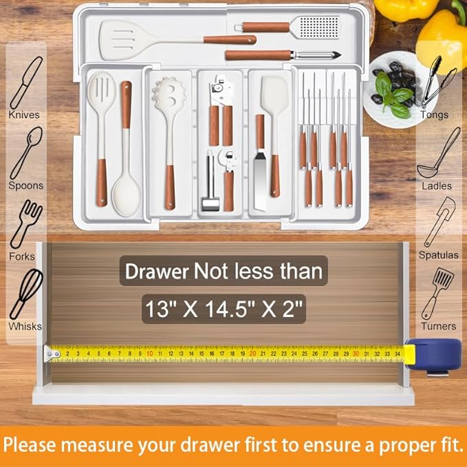 Homecor Kitchen Utensil Drawer Organizer, Large 22"x 19" Expandable Silverware Organizer with Removable Knife Block, Utensil Holder and Cutlery Tray, Kitchen Spatula Tools and Gadgets Storage, White