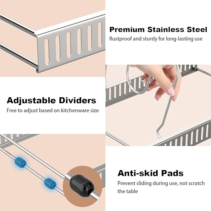 Pot and Pan Organizer Rack for Cabinet, Pot Lid Organizer with 7 Adjustable Dividers, Pan Holder Storage Rack for Kitchen Cabinet, Silver
