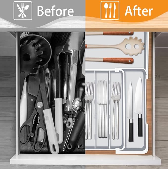 Homecor Kitchen Drawer Organizer, Expandable Silverware Drawer Organizer, Adjustable Utensil Organizer Tray, Cutlery Organizer for Forks, Knives, Kitchen Organizers and Storage, Grey