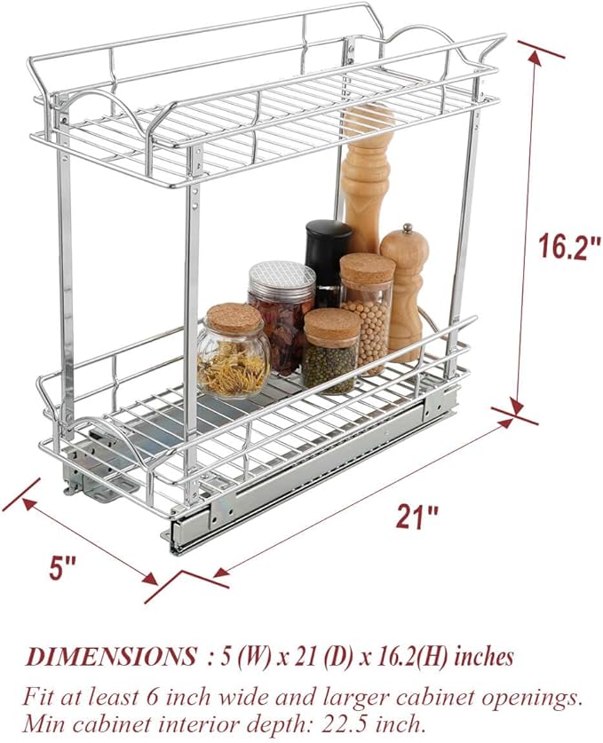 OCG Slide Out Cabinet Organizer for Narrow Cabinet (5" W X 21" D), 2 Tier Pull Out Shelves Slim Sliding Cabinet Organizer and Storage, Chrome