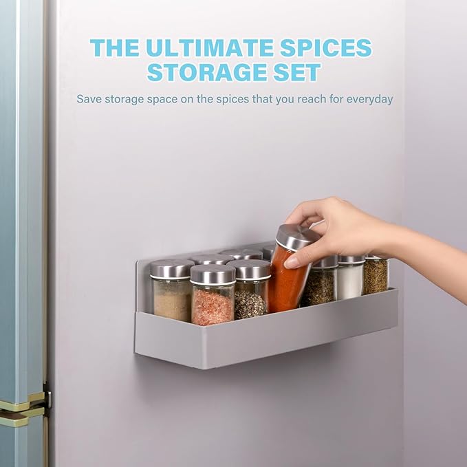 Magnetic Spice Rack with 12 Glass Spice Jars ,Spice Organizer Set for Refrigerator,3oz. Glass Spice Jars with Shaker Lids and Metal Caps,Magnetic Spice Rack with Jars Kitchen Spice Storage Set