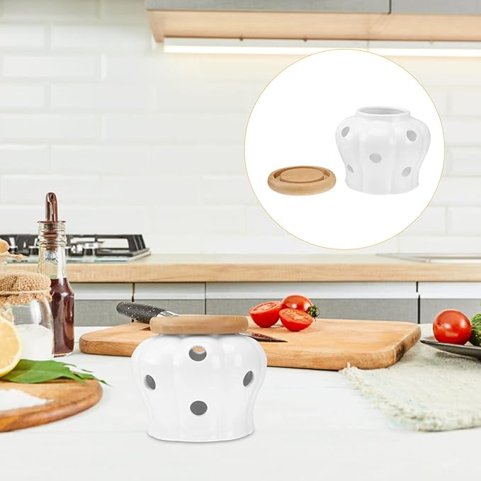 UPKOCH White Ceramic Garlic and Ginger Storage Container with Bamboo Lid, Ventilated Kitchen Canister, Ceramic Jar with Holes for Food Storage, 13x13x11cm