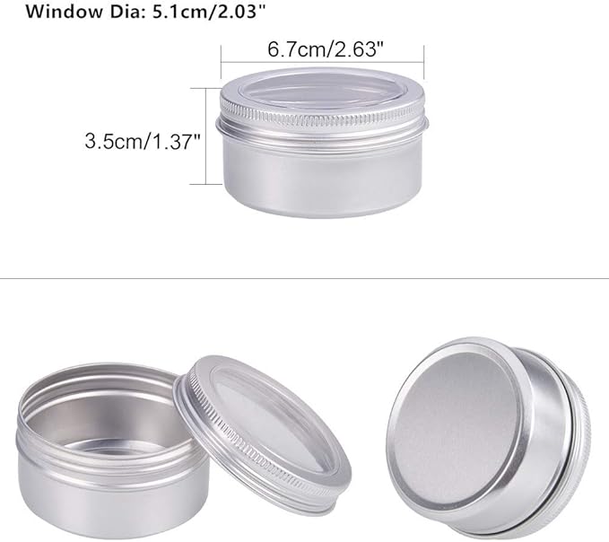 BENECREAT 12 Pack 2.7 OZ Tin Cans Screw Top Round Aluminum Cans Screw Lid Containers with Clear Window - Great for Store Spices, Candies, Tea or Gift Giving (Platinum)