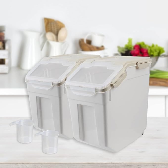 YXQ 25LB Large Flour Storage Container Bin,4 Pack Airtight Plastic with Wheels Seal Locking Lid Dispenser Organizer Storage Bin with Measuring Cup & Scoop for Flour, Rice, Grain 100LBS Total,Grey
