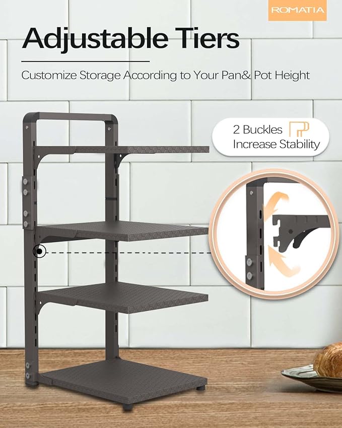 Pot and Pan Organizer Rack for under Cabinet, Heavy Duty Pot Pan Rack under Sink Organizers and Storage, Pot lid organizer, Kitchen Cabinet Organizer with 4 Adjustable Shelves