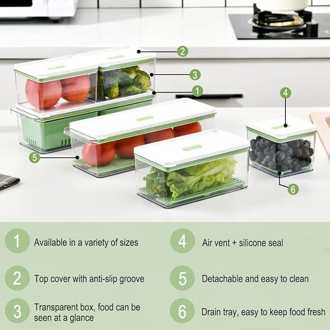 Lille Home Stackable Produce Saver, Organizer Bins/Storage Containers with Removable Drain Tray, Set of Six, for Refrigerators, Cabinets, Countertops and Pantry, BPA Free (Set of Six)