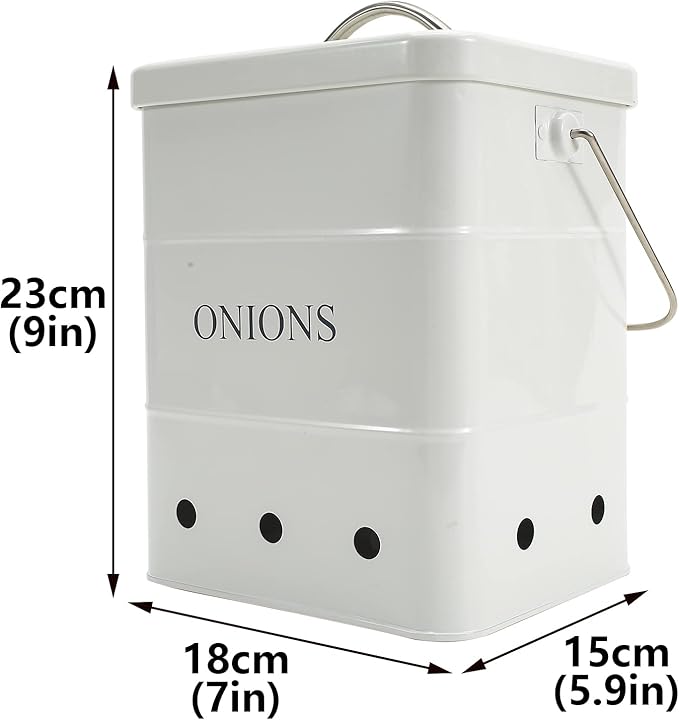 Onion Storage Bin, Metal Storage Tin for Onion, Kitchen Storage Canister with Aerating Tin Storage Holes - Kitchen Pantry Organizer Tin Vegetable Fresh Keeper (White)