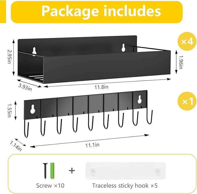 Magnetic Spice Rack Organizer for Fridge Seasoning Organizer for Kitchen storage with Screw or Adhesive Hanging,Magnetic Shelf with Hook for Refrigerator and Oven (Black-non-hollow, 4pack)