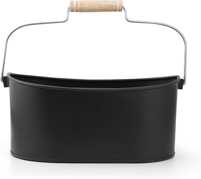 Alpha Living Home - Wooden Utensil Holder for Kitchen, Rustic Silverware Caddy with Handle – Galvanized Flatware Organizer for Forks, Spoons, Knives, Picnic, Countertop & Dining Table – Jet Black