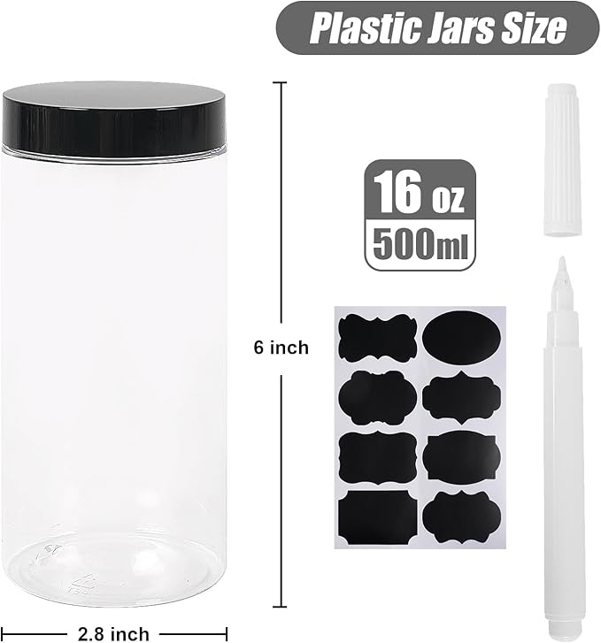 16 Pack 16 oz Plastic Storage with Lids,Airtight Clear Reusable Food Storage Jars for Kitchen Pantry Organization,BPA-Free Dry Food Canisters(Transparent)