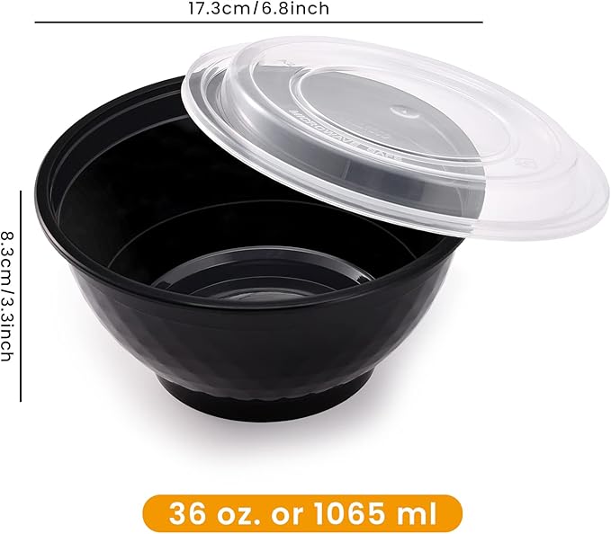 36oz Extra-Thick Meal Prep Bowls with Lids, Plastic Containers with Clear Covers for Noodles, Poke Bowl, Salad, Soup - Freezer, Microwave & Dishwasher-Safe (30Pack)