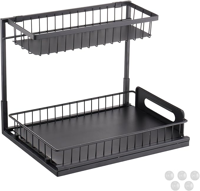 VEVOR 2 Tier Pull Out Cabinet Organizer(10.7" W x 14.2" D), Under Sink Organizer and Storage, Slide Out Drawer Cabinet Organizer, Wire Basket Sliding Shelf Storage for Kitchen Bathroom Cabinet, Black