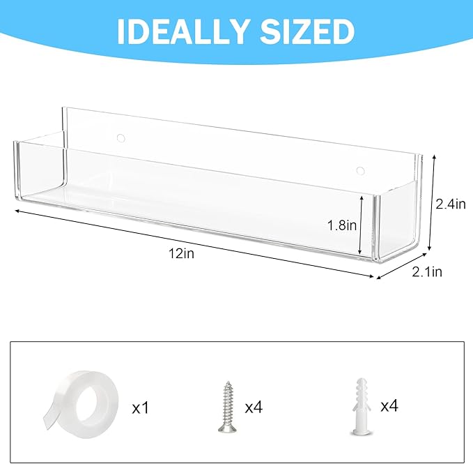 VAEHOLD Adhesive Acrylic Spice Rack with Nano Double Sided Tape Wall Mount Organizer, Black Wall Spice Rack With Shelf Ends for Kitchen Cabinet Door - 2 Pack 12‘’ Shelves