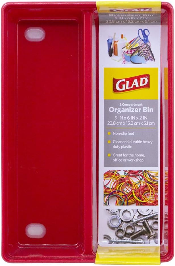 Glad Plastic Drawer Storage Tray – Heavy Duty Organizer Bin for Home, Kitchen, Bath, Bedroom, Office | Non-Slip Feet, Red, 2-Compartment