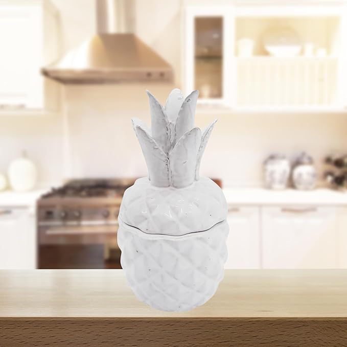 White Ceramic Pineapple Canister Storage Jar, Tropical Home Decor, Kitchen & Bar Accessory, 9.5 Inches