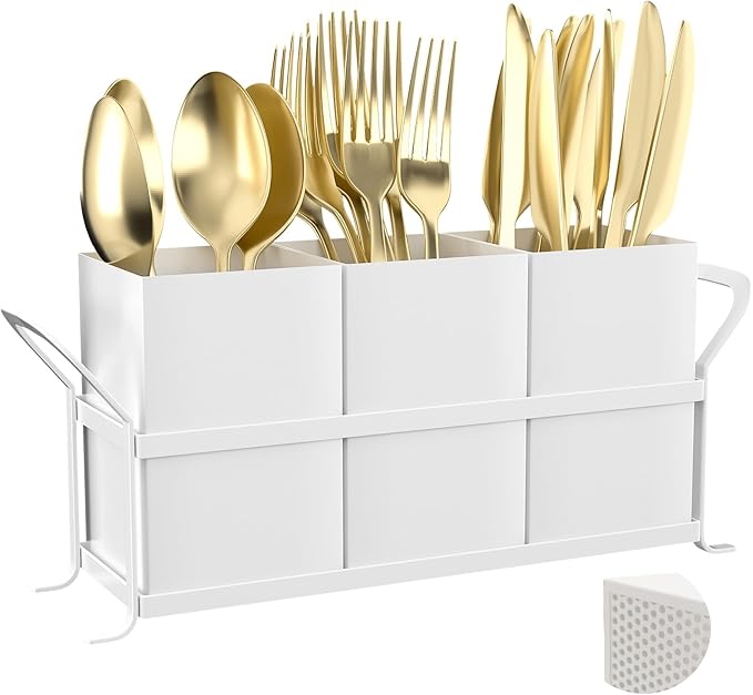 Silverware Caddy for Party - White Utensil Holder for Kitchen Counter, Compact Metal Organizer for Flatware, Cutlery, Spoons, Forks, and Knives, Cute Small Farmhouse Container for Countertop