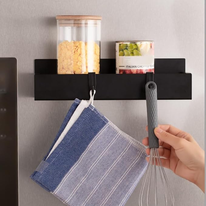 maytopia Magnetic Spice Rack Organizer for Refrigerator, 4 Pack Metal Strong Magnetic Shelf for Fridge with 4 Hooks, Small Black Spice Rack for Home Kitchen Cabinet Oven and Laundry Room Storage
